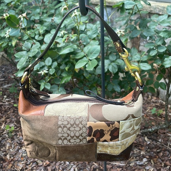 Authentic Brown Tan Animal Print Leather Suede Patchwork Coach Mini Bag Purse - Picture 2 of 12